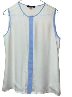 TOMMY HILFIGER BUTTON DOWN SHIRT WOMEN SLEEVELESS COLOR BEIGE BLUE TRIM SZ SMALL